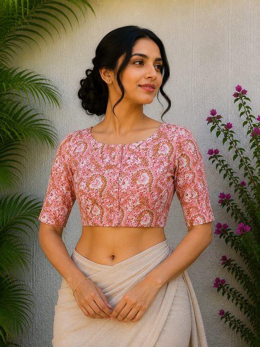 PEACH SANGANERI PRINT READYMADE BLOUSE