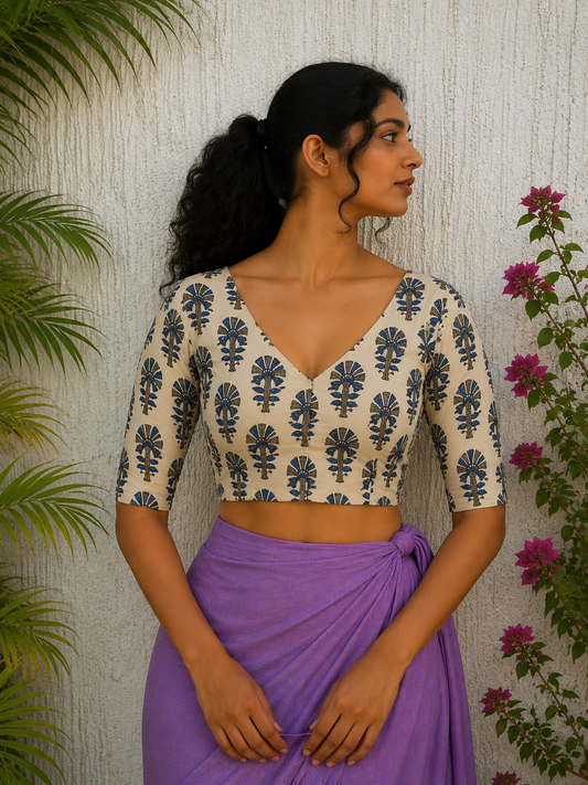 CREAM AJRAKH READYMADE BLOUSE