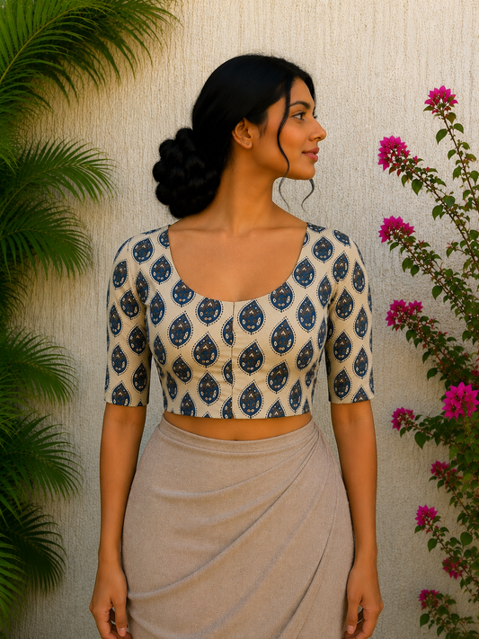 CREAM AJRAKH HANDBLOCK PRINT READYMADE BLOUSE