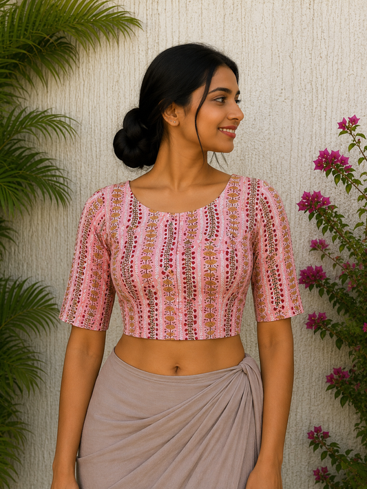 PEACH SANGANERI HANDBLOCK PRINTED READYMADE BLOUSE