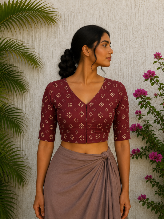 RUST MAROON BANDHINI PRINT READYMADE BLOUSE