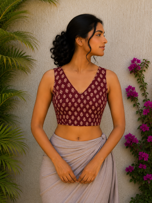 MAROON FLORAL BUTTI READYMADE BLOUSE