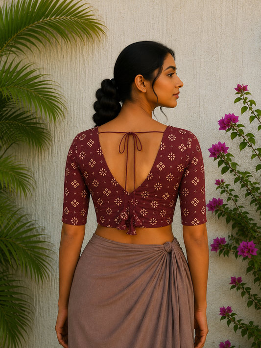 RUST MAROON BANDHINI PRINT READYMADE BLOUSE