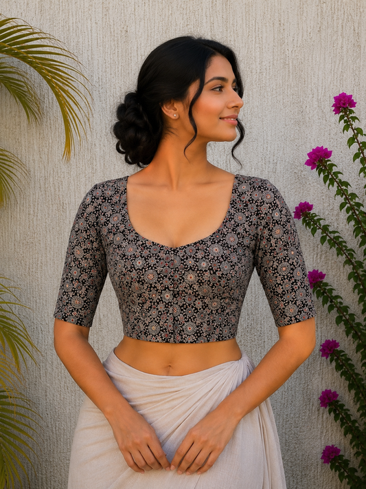 BLACK AJRAKH STAR PRINT READYMADE BLOUSE