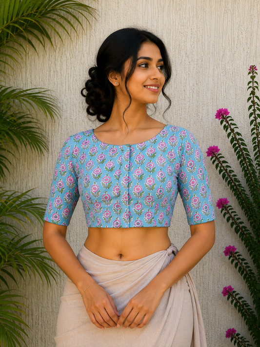 SEA GREEN HANDBLOCK PRINTED READYMADE BLOUSE
