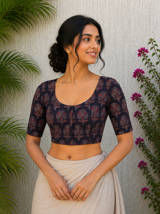 BLACK AJRAKH FLOAL HANDBLOCK PRINT READYMADE BLOUSE
