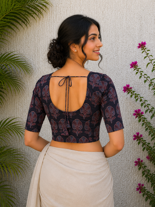 BLACK AJRAKH FLOAL HANDBLOCK PRINT READYMADE BLOUSE