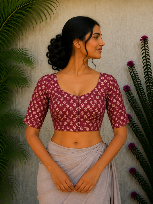 RUST SMALL BUTTI PRINT READYMADE BLOUSE