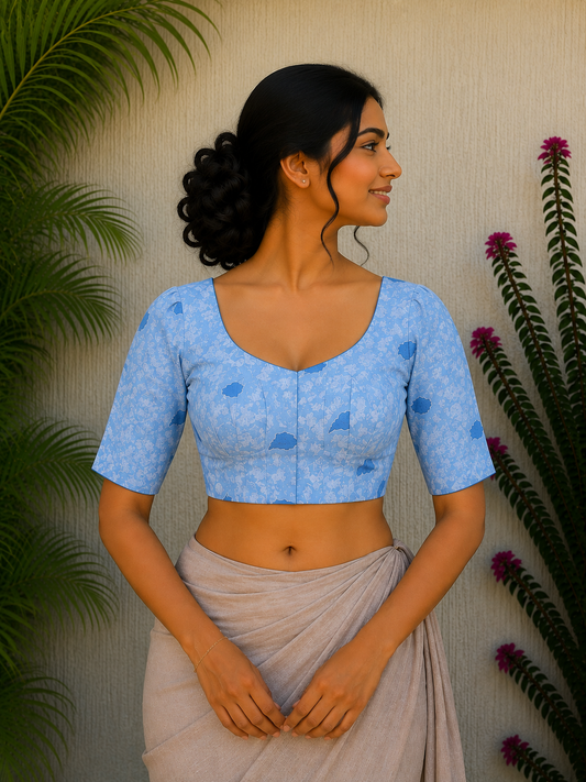 SKY BLUE SANGANERI PRINT READYMADE BLOUSE