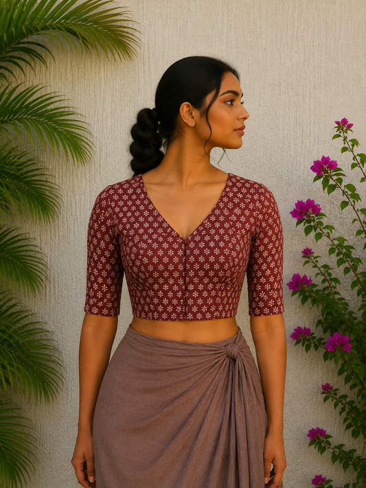 RUST MAROON SMALL BUTTI READYMADE BLOUSE