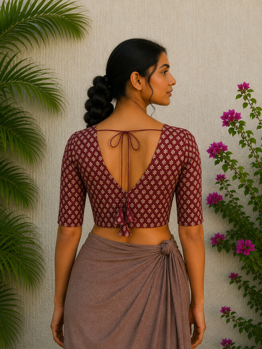 RUST MAROON SMALL BUTTI READYMADE BLOUSE