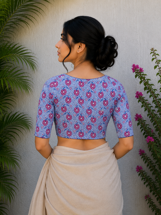 BLUE SANGANERI PRINT READYMADE BLOUSE