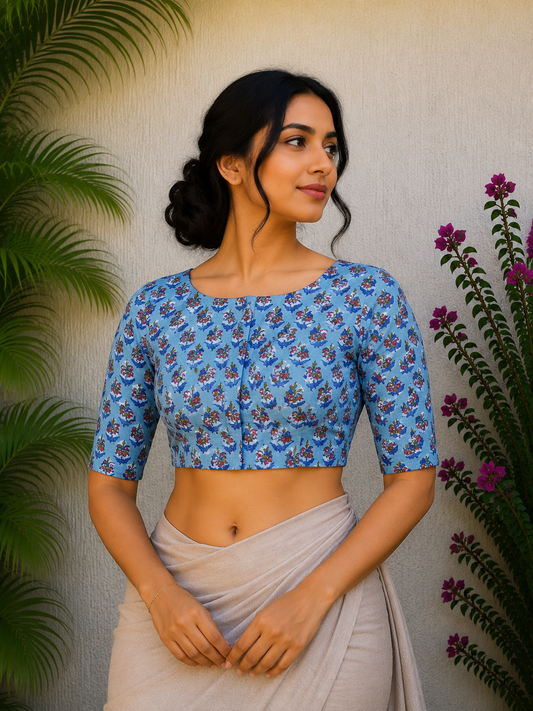BLUE SANGANERI PRINT READYMADE BLOUSE
