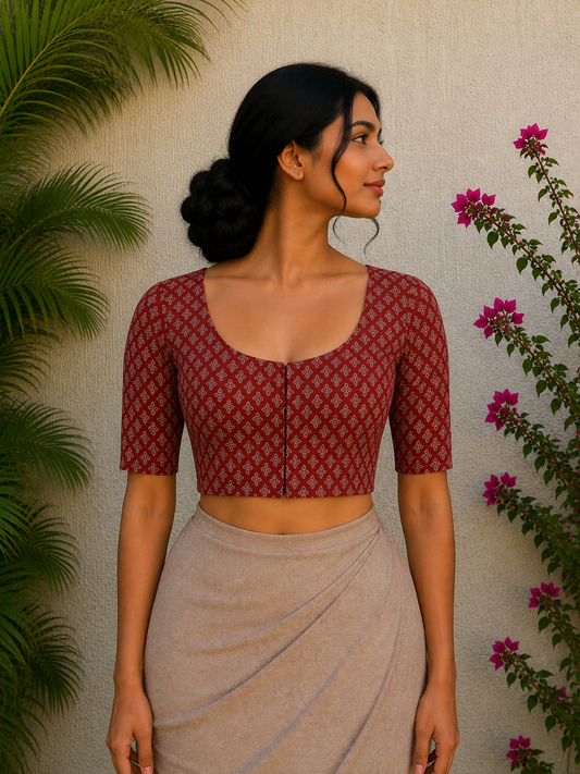 RUST AJRAKH BUTTI READYMADE BLOUSE