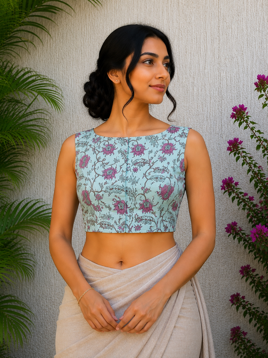 PISTA GREEN SANGANERI PRINT READYMADE BLOUSE