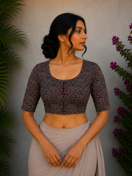 BROWN AJRAKH HANDBLOCK PRINTED READYMADE BLOUSE