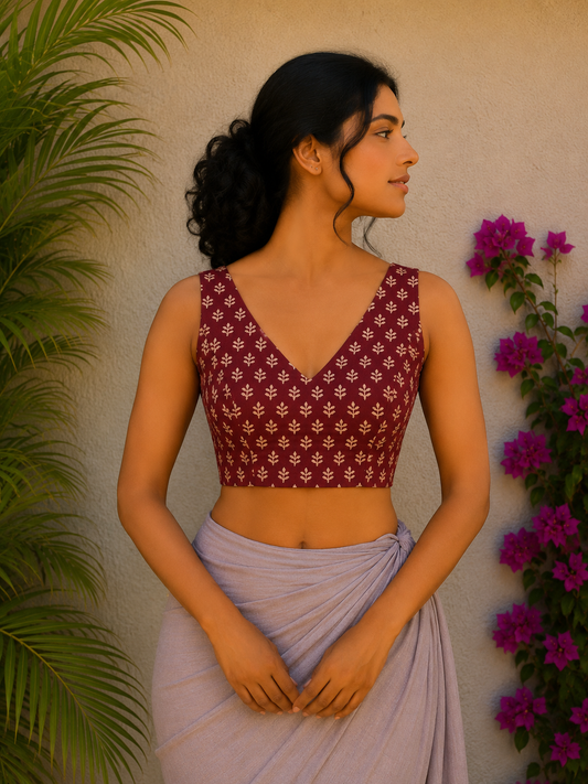 RUST HANDBLOCK PRINTED READYMADE BLOUSE