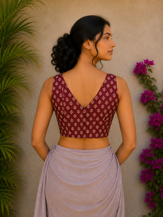 RUST HANDBLOCK PRINTED READYMADE BLOUSE