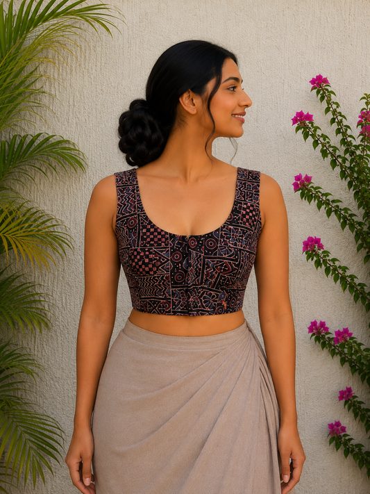 BLACK GEOMETRICAL AJRAKH READYMADE BLOUSE