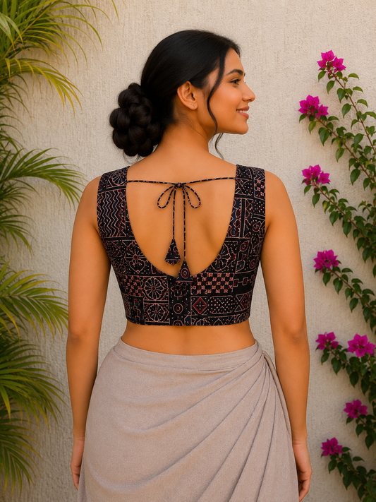 BLACK GEOMETRICAL AJRAKH READYMADE BLOUSE