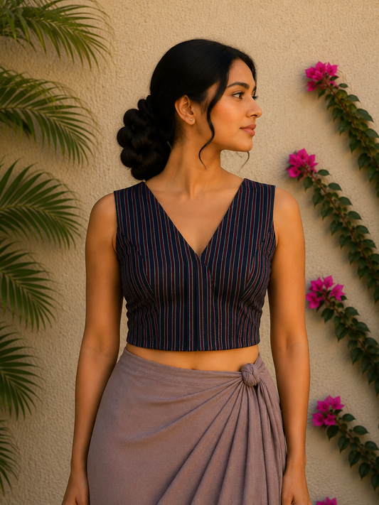 INDIGO MAROON STRIPES SILK READYMADE BLOUSE (Copy)
