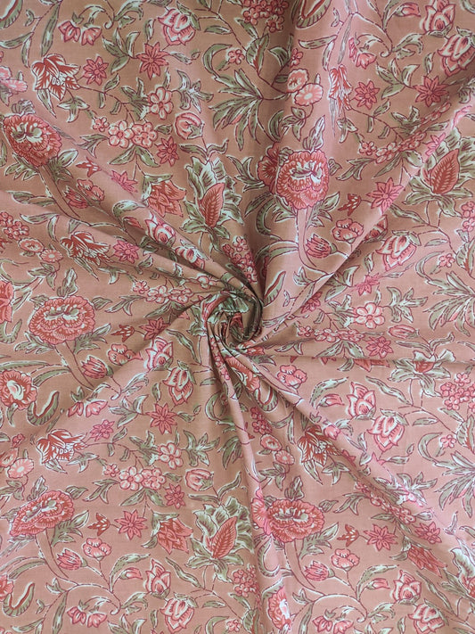 PEACH FLORAL JAAL PATTERN HANDPRINTED COTTON FABRIC