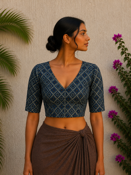 GREEN SANGANERI PRINT READYMADE BLOUSE