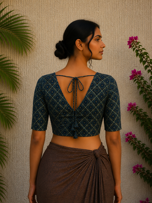 GREEN SANGANERI PRINT READYMADE BLOUSE