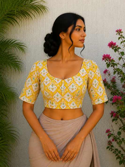 YELLOW GEOMETRICAL SANGANERI PRINT READYMADE BLOUSE