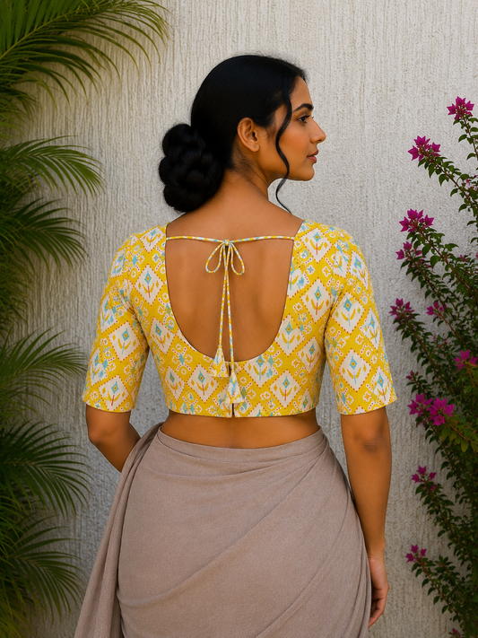 YELLOW GEOMETRICAL SANGANERI PRINT READYMADE BLOUSE