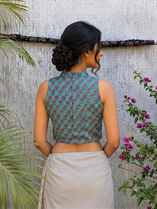 SEA GREEN BUTTI READYMADE BLOUSE