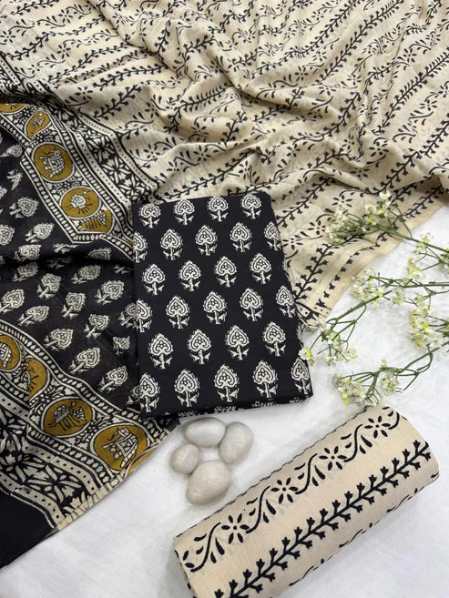 Pure Mulmul Cotton Dress Material 3pcs Black and cream