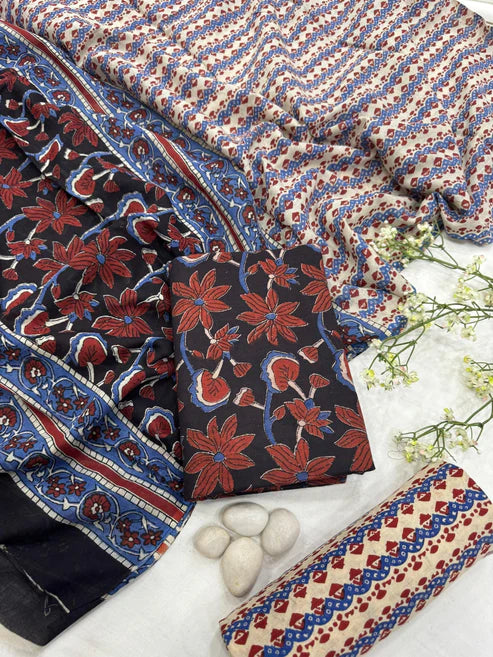 Pure Mulmul Cotton Dress Material 3pcs Black and Maroon