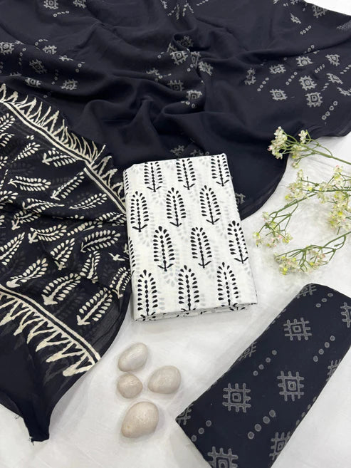 Pure Mulmul Cotton Dress Material 3pcs Black and white