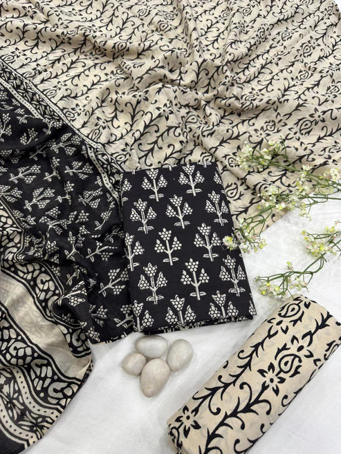 Pure Mulmul Cotton Dress Material 3pcs Black butti