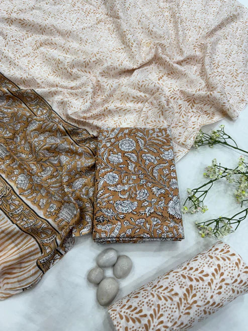 Pure Mulmul Cotton Dress Material 3pcs Mustard Cream