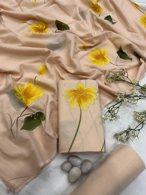 Pure Mulmul Cotton Dress Material 3pcs Beige Handpainted