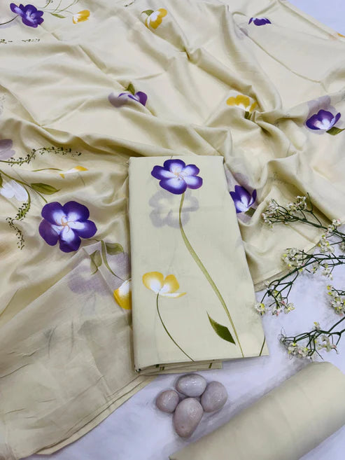 Pure Mulmul Cotton Dress Material 3pcs Cream Handpainted