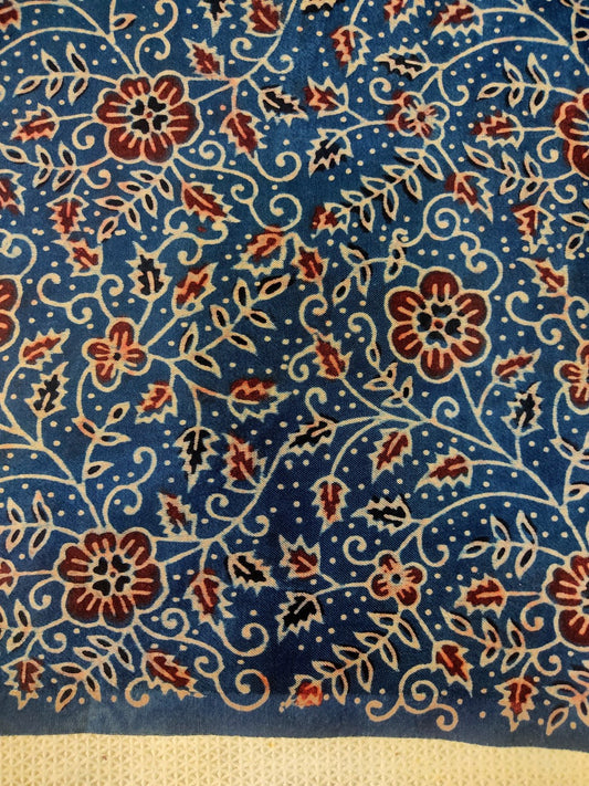 INDIGO JAAL AJRAKH HANDBLOCK PRINTED MUSHRU SILK FABRIC