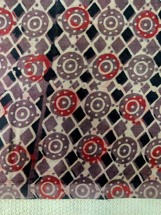 BROWN CIRCLULAR JAAL AJRAKH HANDBLOCK PRINTED MUSHRU SILK FABRIC