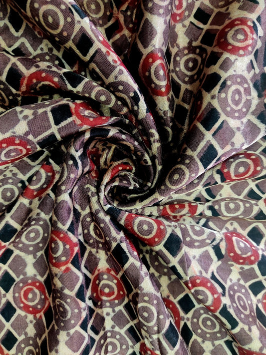 BROWN CIRCLULAR JAAL AJRAKH HANDBLOCK PRINTED MUSHRU SILK FABRIC