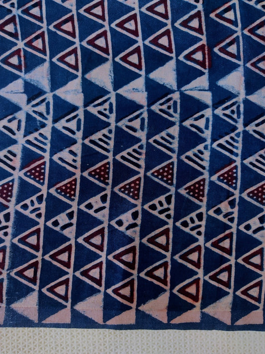 INDIGO TRIANGLE PATTERN AJRAKH HANDBLOCK PRINTED MUSHRU SILK FABRIC