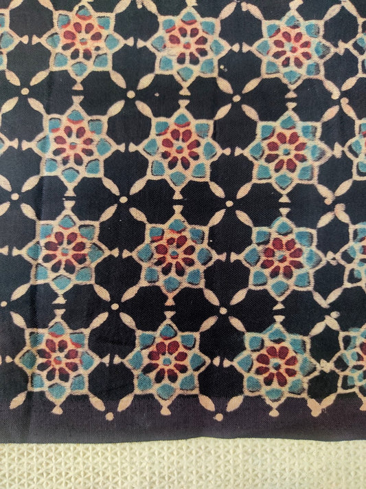BLACK STAR JAAL AJRAKH HANDBLOCK PRINTED MUSHRU SILK FABRIC