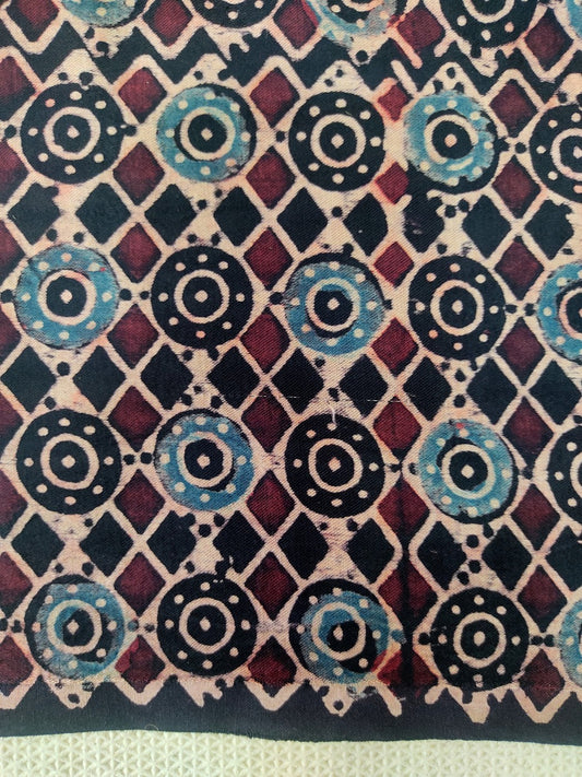 BLACK CIRCLULAR JAAL AJRAKH HANDBLOCK PRINTED MUSHRU SILK FABRIC