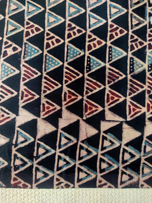 BLACK TRIANGLE PATTERN AJRAKH HANDBLOCK PRINTED MUSHRU SILK FABRIC