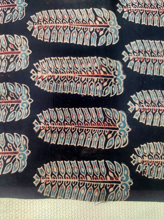 BLACK FERN LEAF BUTTI AJRAKH HANDBLOCK PRINTED MUSHRU SILK FABRIC