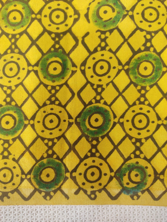 MUSTARD CIRCLULAR JAAL AJRAKH HANDBLOCK PRINTED MUSHRU SILK FABRIC