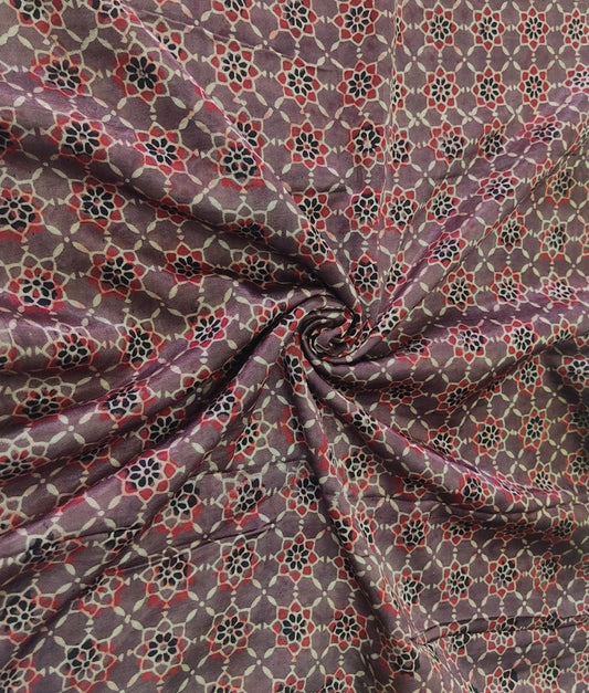 BROWN STAR JAAL AJRAKH HANDBLOCK PRINTED MUSHRU SILK FABRIC