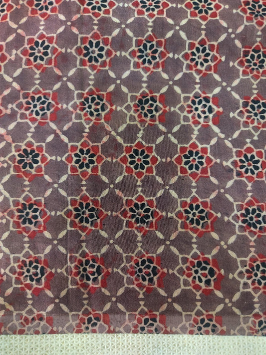 BROWN STAR JAAL AJRAKH HANDBLOCK PRINTED MUSHRU SILK FABRIC