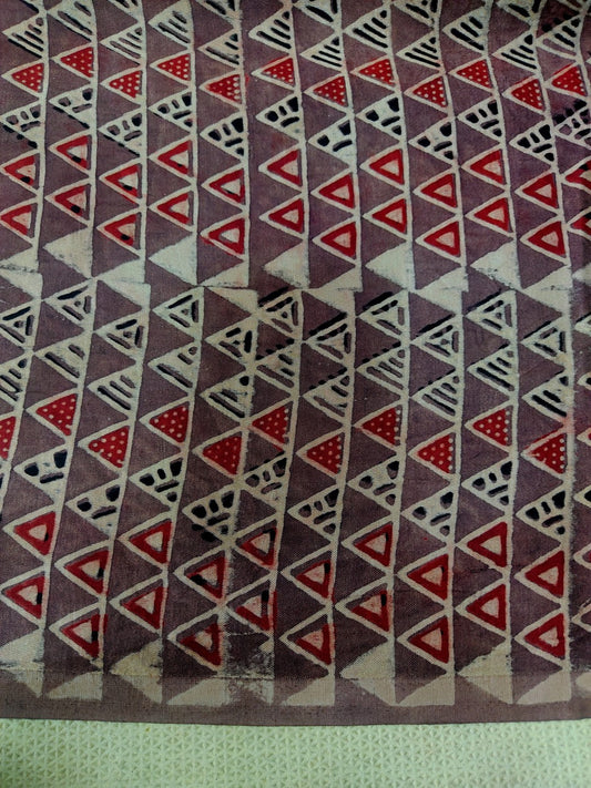 BROWN TRIANGLE PATTERN AJRAKH HANDBLOCK PRINTED MUSHRU SILK FABRIC